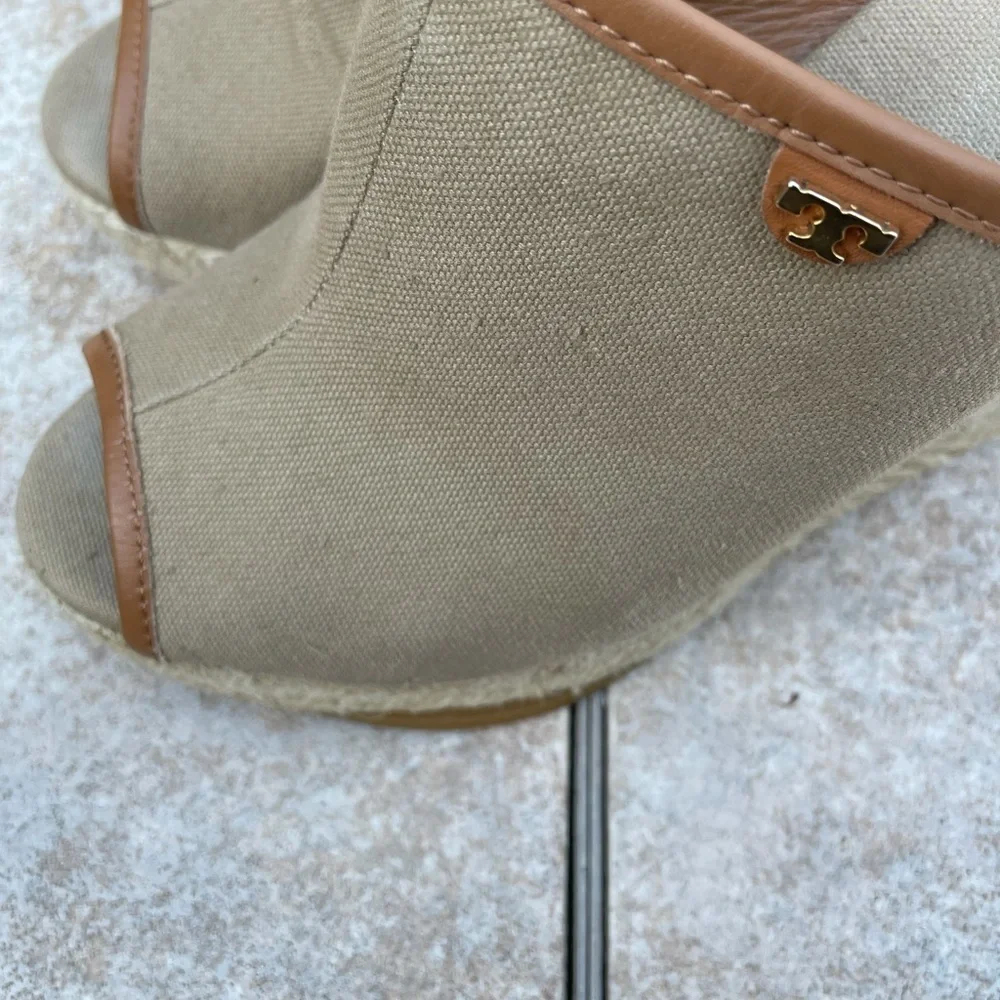 Tory Burch Beige Canvas Wedge Espadrille Mules